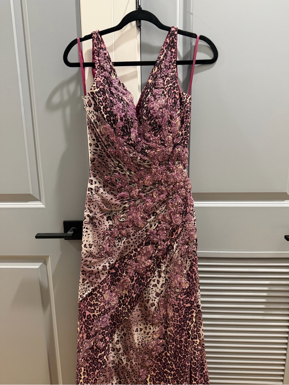 Pink Leopard Print V-Neck Evening Dress